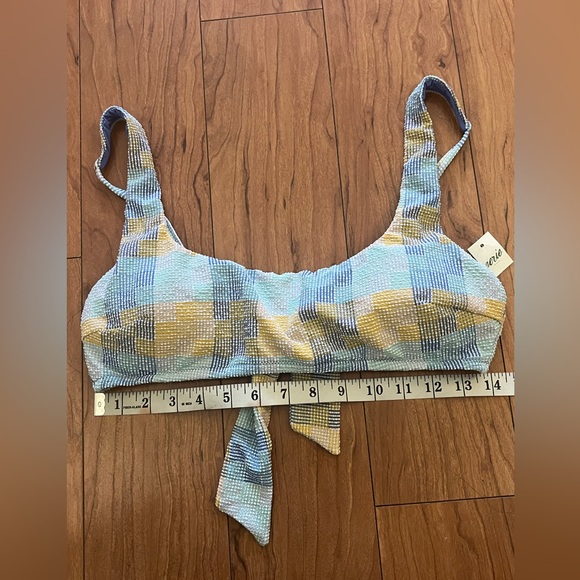 NWT Aerie Large Patchwork Tie Back Scoop Bikini Top Blue Yellow Removable Pads - Picture 10 of 10